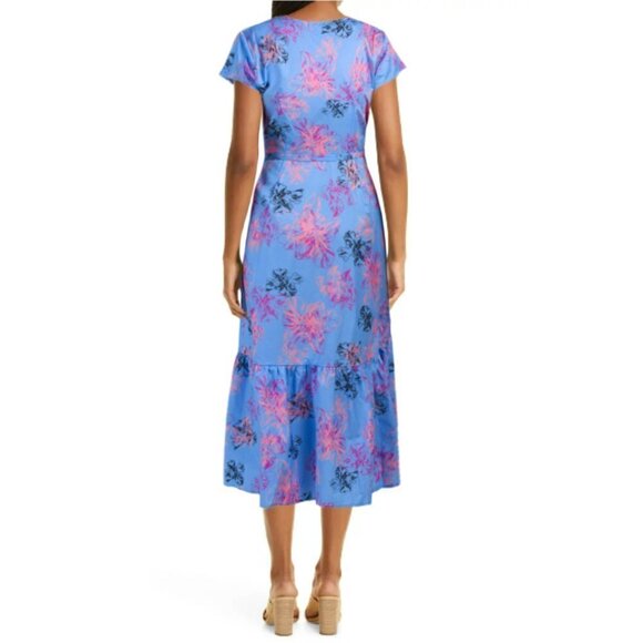 NWT NEIMAN MARCUS Floral Print Ruffle Hi-Low Hem Cotton Wrap Midi Dress - Picture 2 of 5